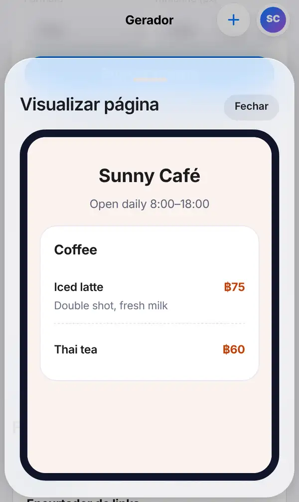 Tela Visualizar página com o cardápio do Sunny Café no celular, mostrando Iced latte a ฿75 e Thai tea a ฿60