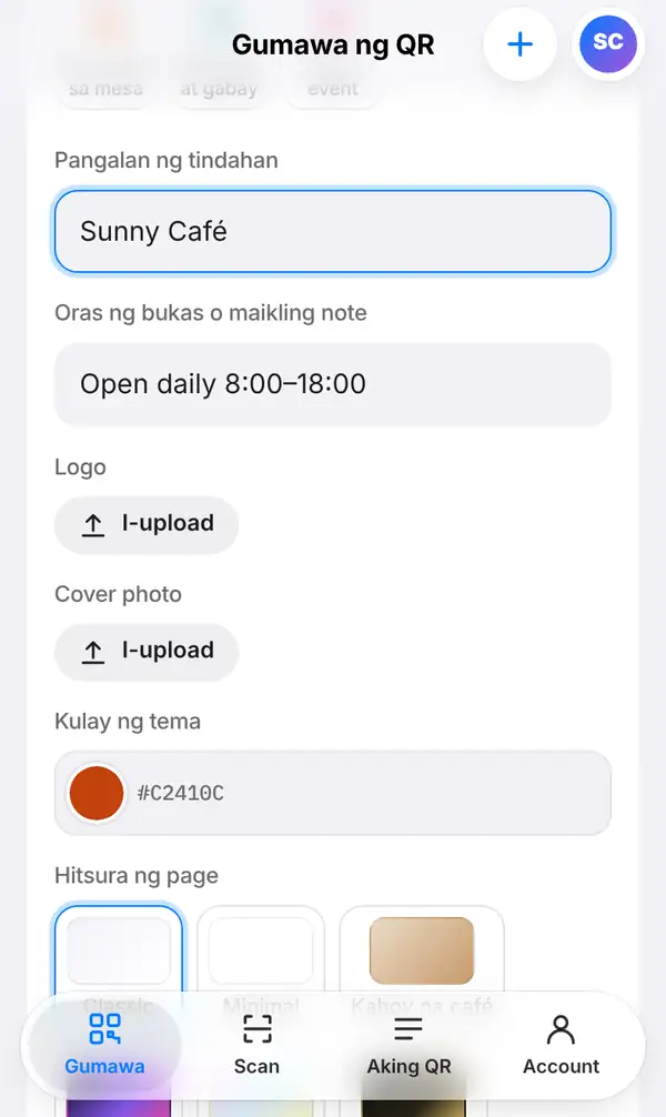 Itaas ng menu maker na may Pangalan ng tindahan na Sunny Café, oras ng bukas, Logo, Cover photo, Kulay ng tema at mga pagpipilian sa Hitsura ng page