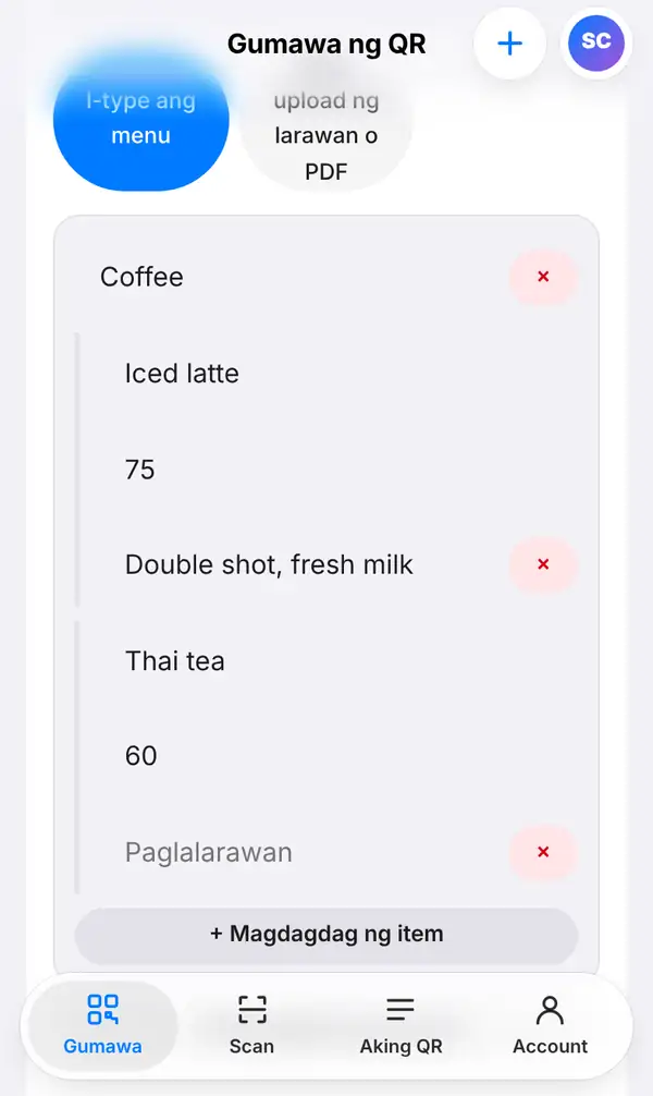 I-type ang menu mode na may seksyong Coffee, Iced latte na 75 at Thai tea na 60, at ang Magdagdag ng item button