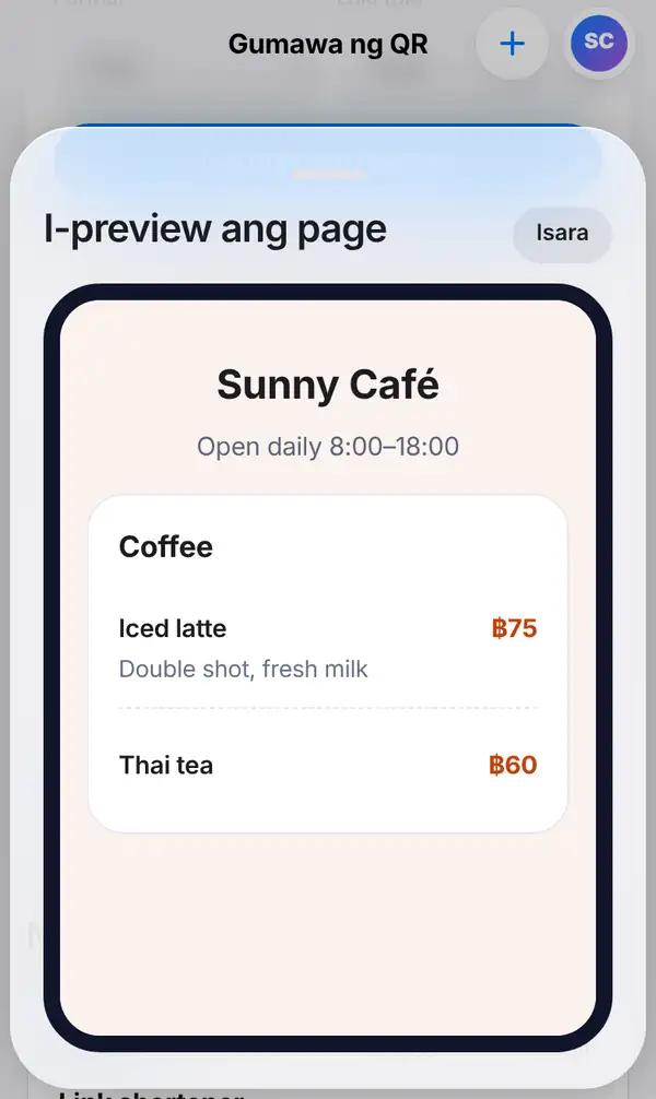 Preview ng menu page ng Sunny Café sa screen ng phone