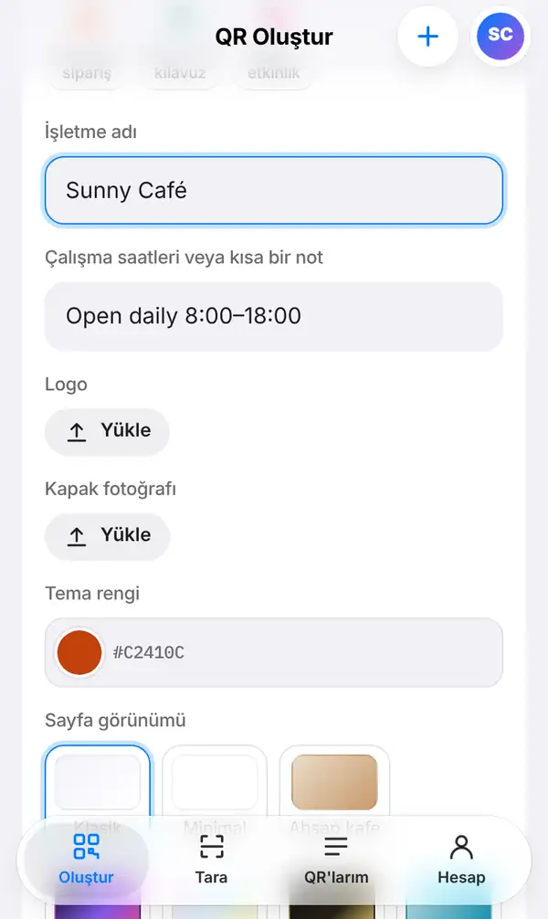 İşletme adı Sunny Café, çalışma saatleri, logo ve kapak fotoğrafı yükleme düğmeleri, tema rengi ve sayfa görünümü seçeneklerinin bulunduğu menü formu