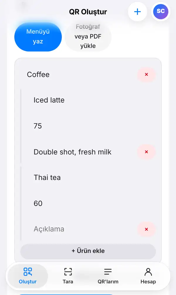 Coffee bölümünde açıklamasıyla Iced latte 75 ve Thai tea 60 ürünlerinin göründüğü Menüyü yaz seçeneği