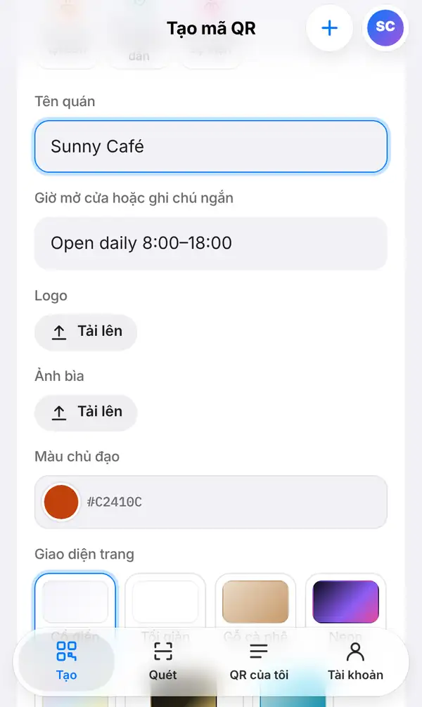 Biểu mẫu thực đơn với Tên quán Sunny Café, giờ mở cửa, nút tải Logo và Ảnh bìa, Màu chủ đạo và các kiểu Giao diện trang