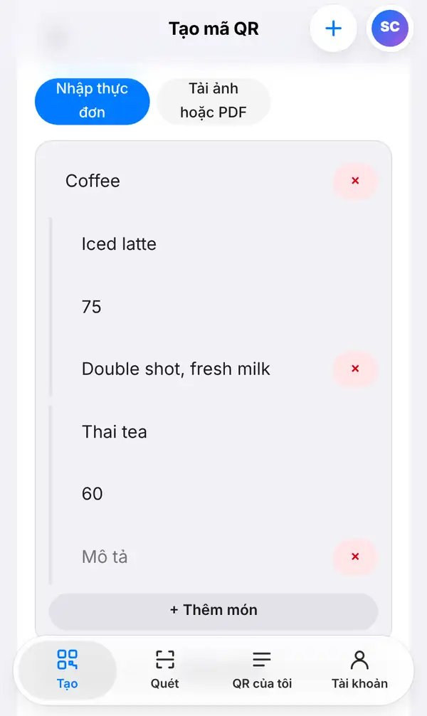 Lựa chọn Nhập thực đơn với nhóm Coffee gồm Iced latte 75 kèm mô tả và Thai tea 60