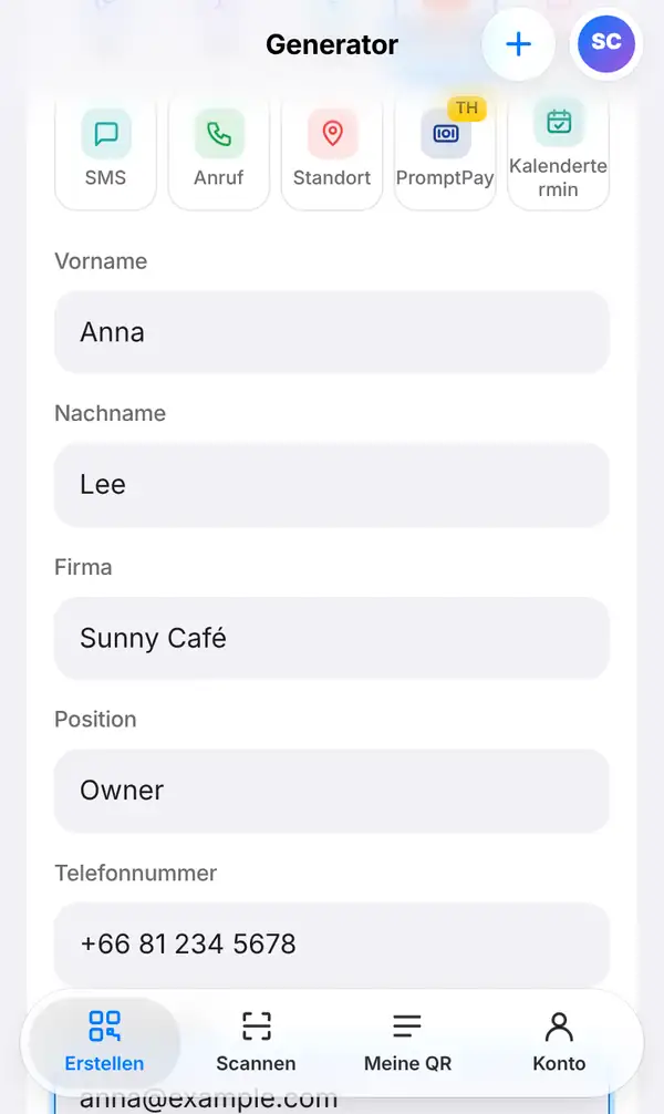 Das Visitenkarten-Formular mit Vorname Anna, Nachname Lee, Firma Sunny Café und einer Telefonnummer