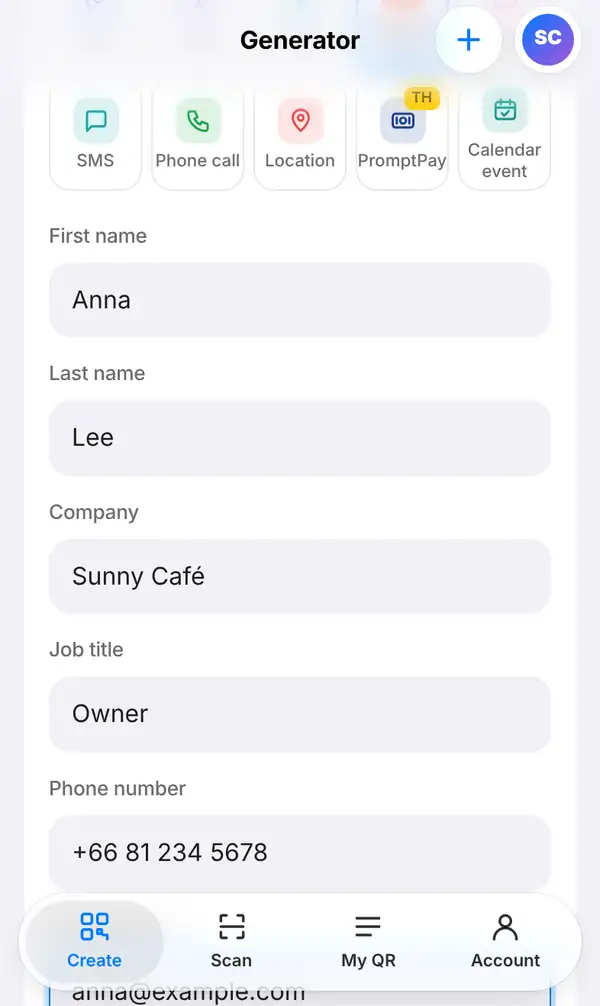 The contact card form with First name Anna, Last name Lee, Company Sunny Café, Job title Owner and a phone number