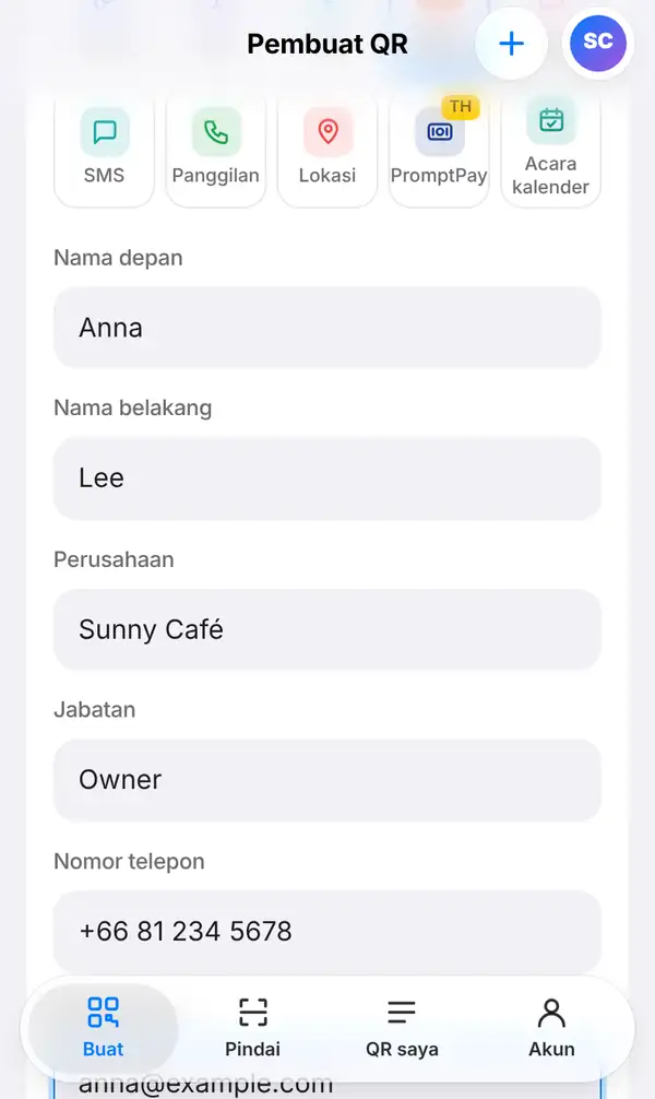 Formulir Kartu kontak dengan nama Anna Lee, perusahaan, jabatan, nomor telepon dan email