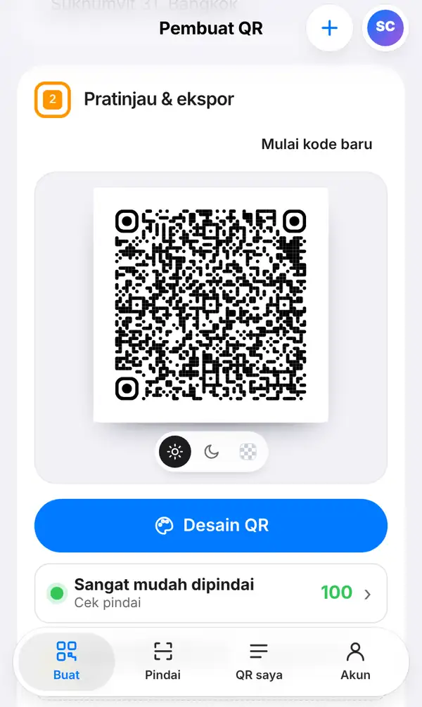 Pratinjau QR code vCard dengan hasil Cek pindai dan ukuran cetak terkecil