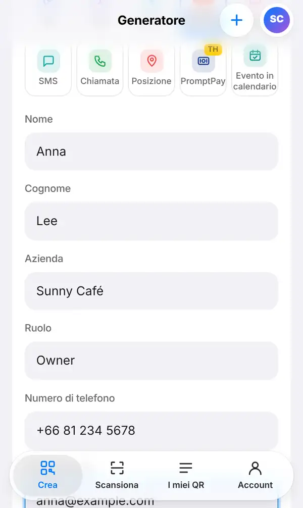 Il modulo Biglietto da visita con Nome Anna, Cognome Lee, Azienda Sunny Café, Ruolo Owner e il numero di telefono +66 81 234 5678