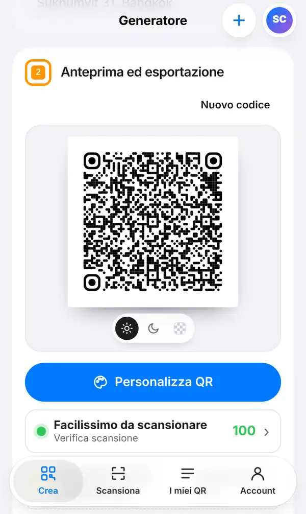 La sezione Anteprima ed esportazione con un QR code di contatto molto fitto, il pulsante Personalizza QR, la Verifica scansione e la dimensione minima di stampa