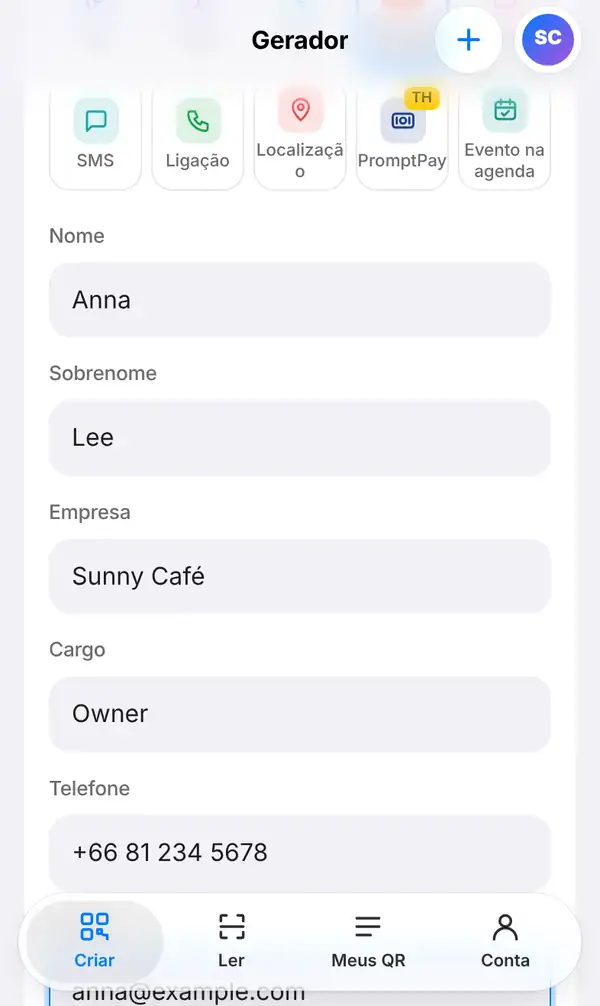Formulário de cartão de contato com o nome Anna, o sobrenome Lee, a empresa Sunny Café, o cargo de proprietária e um número de telefone