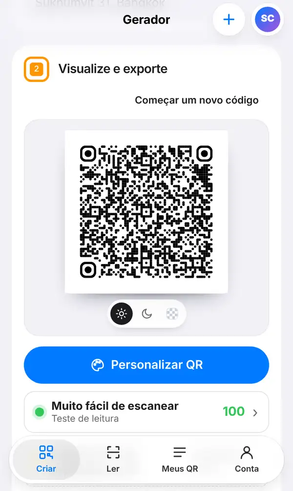 Seção Visualize e exporte com um QR Code de contato bem denso, o botão Personalizar QR, o teste de leitura e o tamanho mínimo de impressão