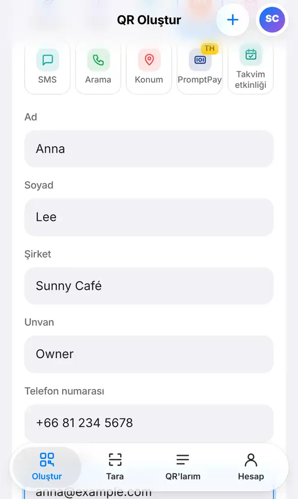 Ad Anna, Soyad Lee, Şirket Sunny Café, Unvan Owner ve telefon numarasının girildiği kartvizit formu