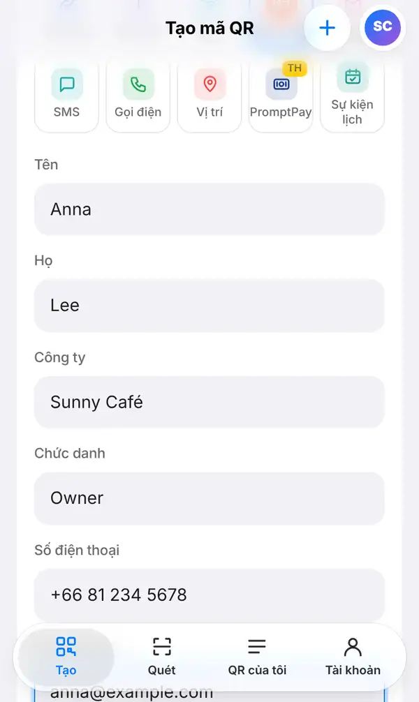 Biểu mẫu Danh thiếp với Tên Anna, Họ Lee, Công ty Sunny Café, Chức danh Owner và số điện thoại +66 81 234 5678