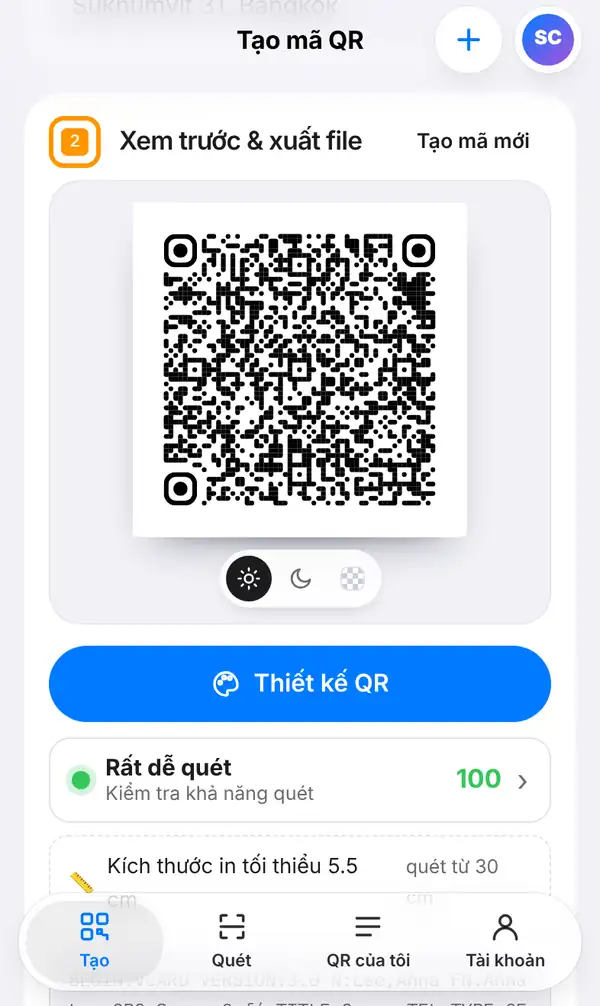 Phần Xem trước & xuất file với mã QR danh thiếp dày đặc, nút Thiết kế QR, điểm Kiểm tra khả năng quét và kích thước in tối thiểu