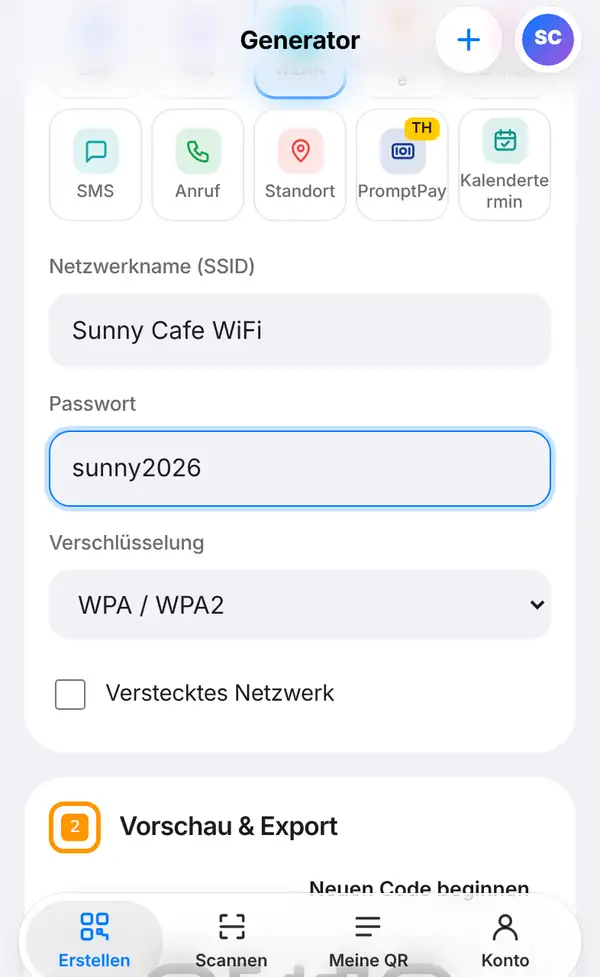 Das WLAN-Formular mit Netzwerkname (SSID) Sunny Cafe WiFi, Passwort sunny2026, Verschlüsselung WPA / WPA2 und dem Kästchen Verstecktes Netzwerk