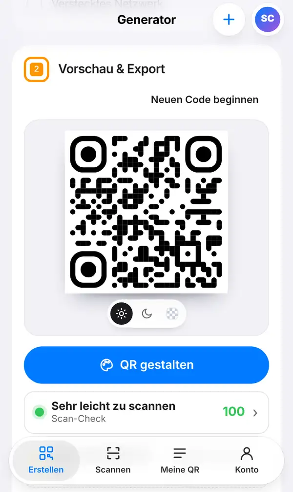 Der Bereich Vorschau & Export mit dem WLAN-QR-Code, dem Knopf QR gestalten, einem Scan-Check von 100 und der kleinsten Druckgröße