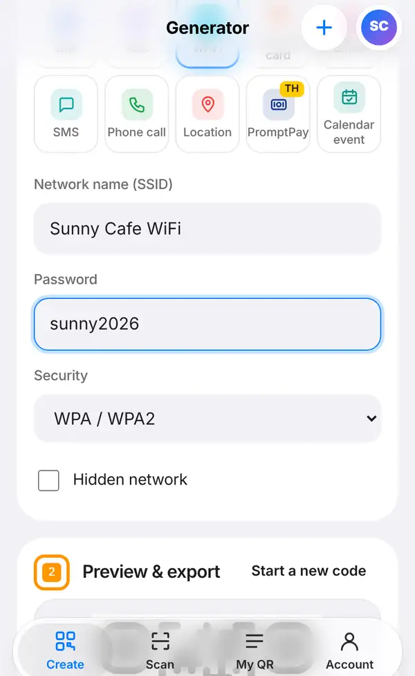 The Wi-Fi form with Network name (SSID) Sunny Cafe WiFi, Password sunny2026, Security WPA / WPA2 and the Hidden network box