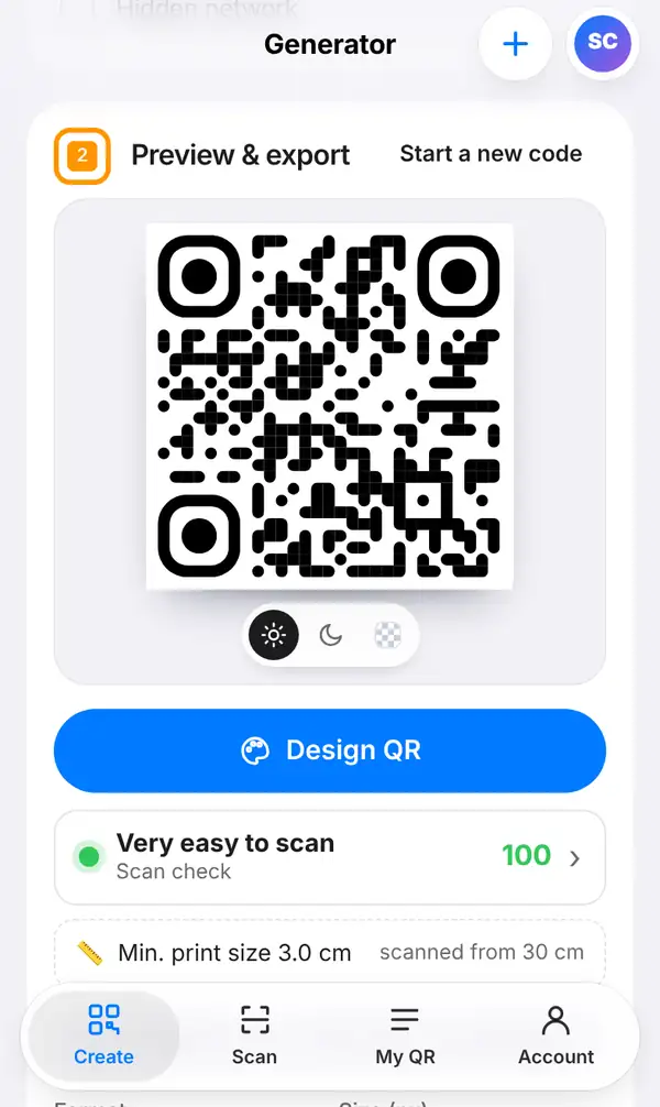 The Preview & export section with the Wi-Fi QR code, the Design QR button, a Scan check score of 100 and the smallest print size