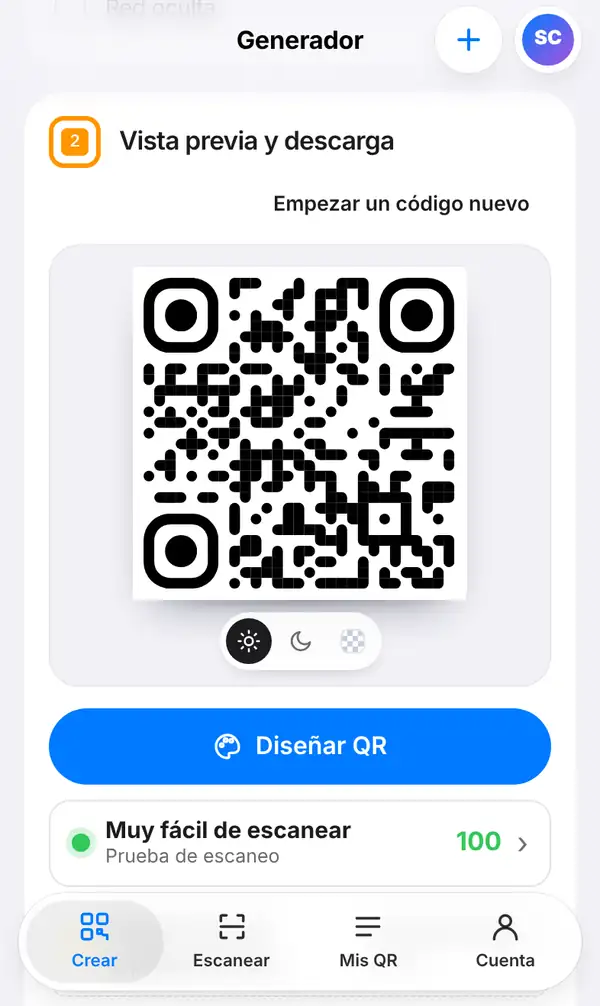 Sección Vista previa y descarga con el código QR de Wi-Fi, el botón Diseñar QR, la prueba de escaneo con 100 puntos y el tamaño mínimo de impresión