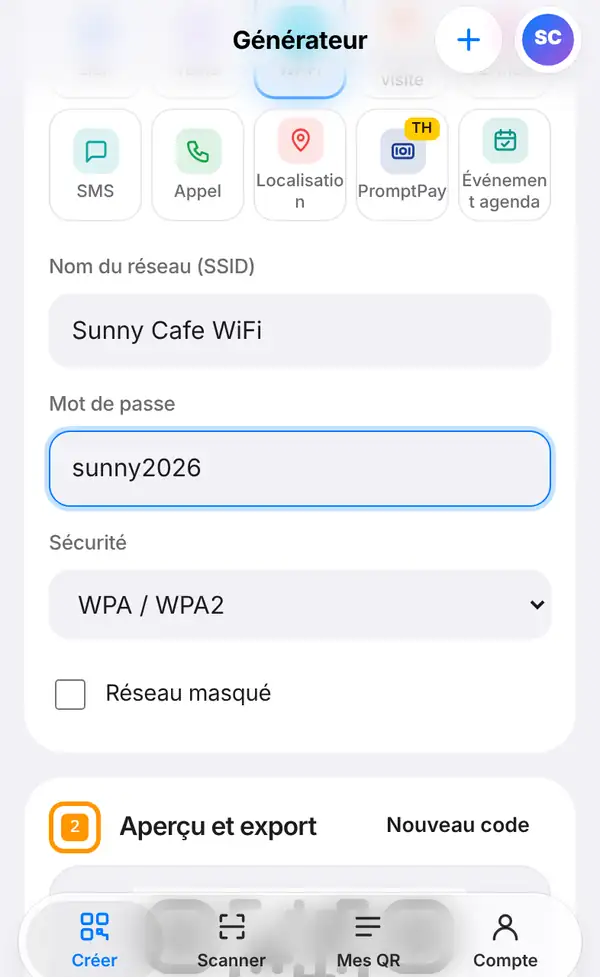 Le formulaire Wi-Fi avec Nom du réseau (SSID) Sunny Cafe WiFi, Mot de passe sunny2026, Sécurité WPA / WPA2 et la case Réseau masqué