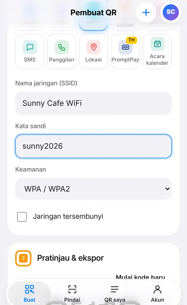 Formulir Wi-Fi dengan Nama jaringan Sunny Cafe WiFi, kata sandi sunny2026 dan pilihan keamanan WPA/WPA2