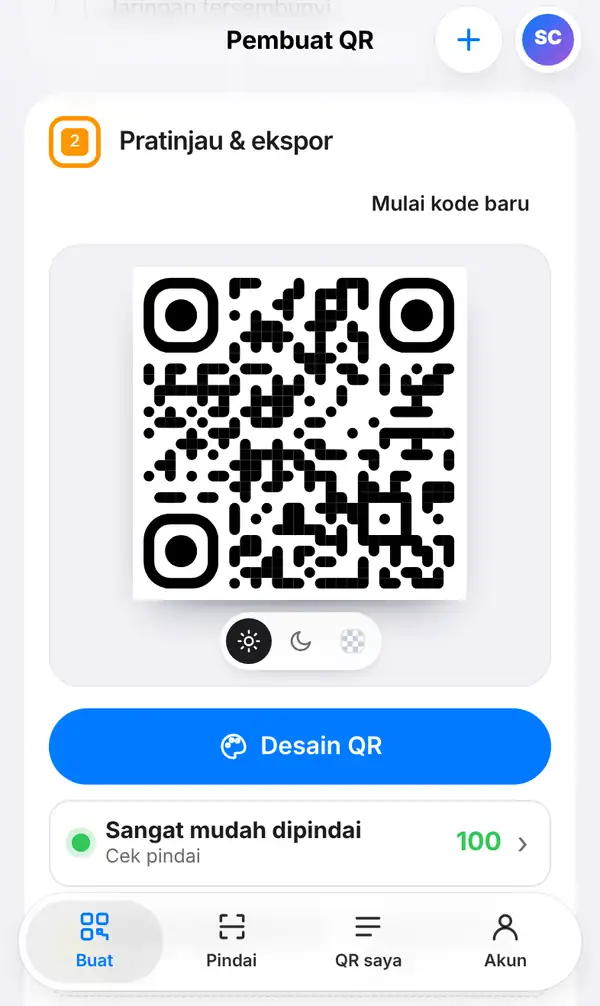 Pratinjau QR code Wi-Fi dengan tombol Desain QR dan Cek pindai 100: sangat mudah dipindai