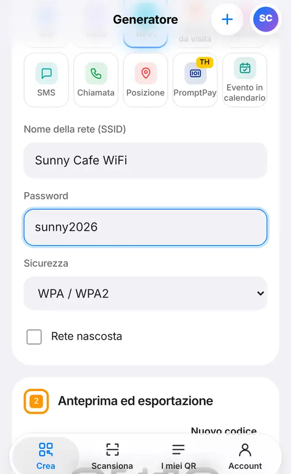 Il modulo Wi-Fi con Nome della rete (SSID) Sunny Cafe WiFi, Password sunny2026, Sicurezza WPA / WPA2 e la casella Rete nascosta