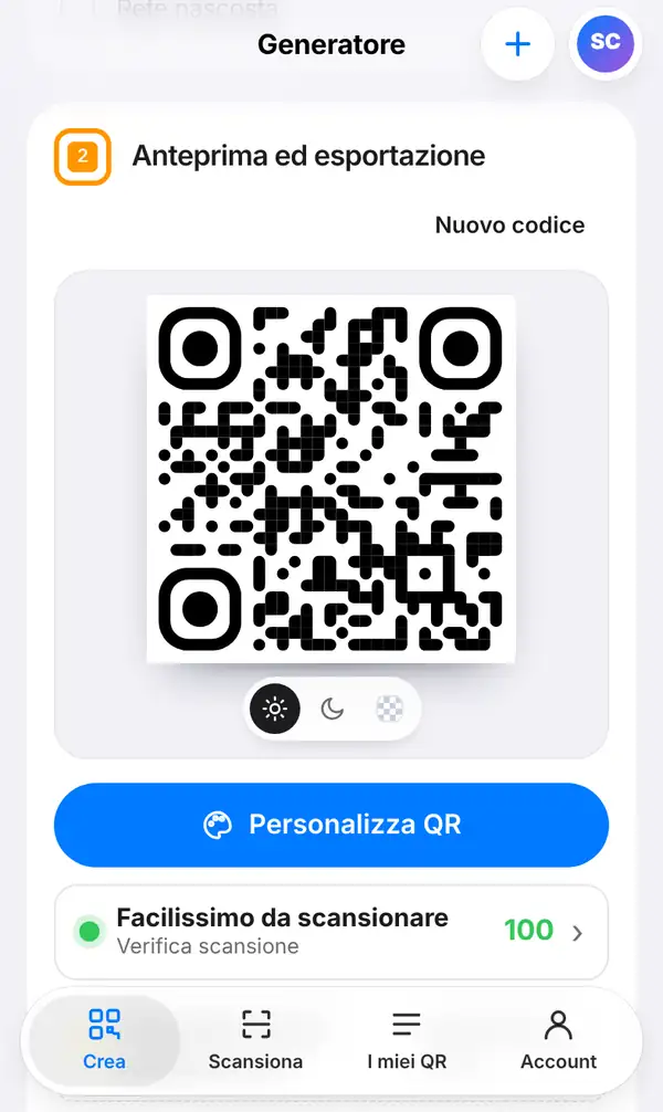 La sezione Anteprima ed esportazione con il QR code Wi-Fi, il pulsante Personalizza QR, una Verifica scansione a 100 e la dimensione minima di stampa