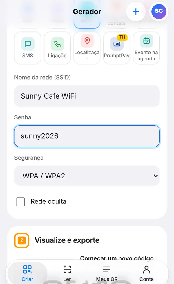 Formulário de Wi-Fi com o nome da rede Sunny Cafe WiFi, a senha sunny2026, segurança WPA / WPA2 e a caixa Rede oculta