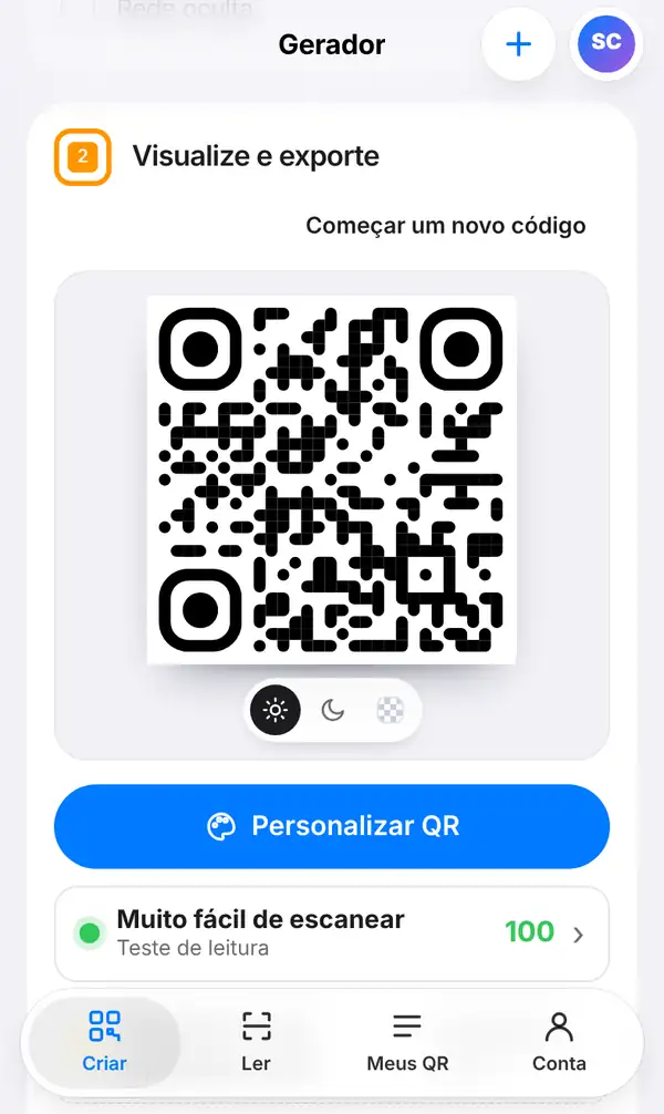 Seção Visualize e exporte com o QR Code de Wi-Fi, o botão Personalizar QR, o teste de leitura com nota 100 e o tamanho mínimo de impressão