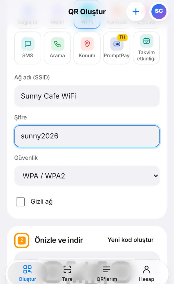 Ağ adı Sunny Cafe WiFi, şifre sunny2026, güvenlik WPA / WPA2 ve Gizli ağ kutusunun göründüğü Wi-Fi formu