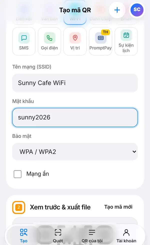 Biểu mẫu Wi-Fi với Tên mạng (SSID) Sunny Cafe WiFi, Mật khẩu sunny2026, Bảo mật WPA / WPA2 và ô Mạng ẩn