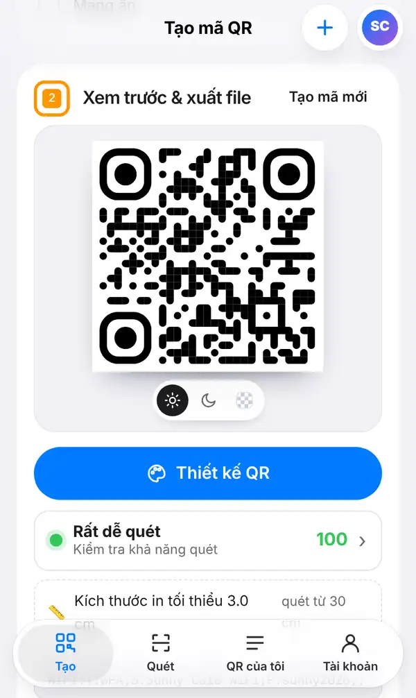 Phần Xem trước & xuất file với mã QR wifi, nút Thiết kế QR, điểm Kiểm tra khả năng quét 100 và kích thước in tối thiểu
