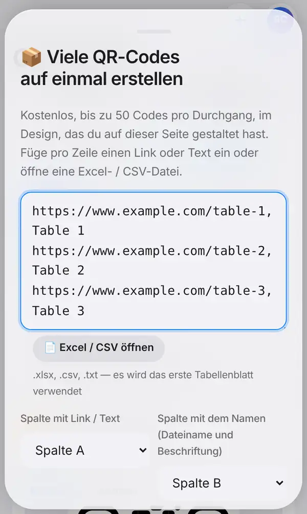 Das Fenster Viele QR-Codes auf einmal erstellen mit drei eingefügten Tisch-Links, dem Knopf Excel / CSV öffnen, und der Auswahl der Spalten für Link und Namen