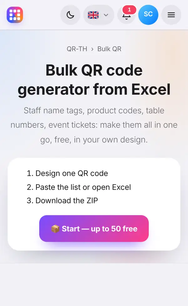 The bulk QR code page with its three steps – design one QR, paste a list or open Excel, download ZIP – and the start button