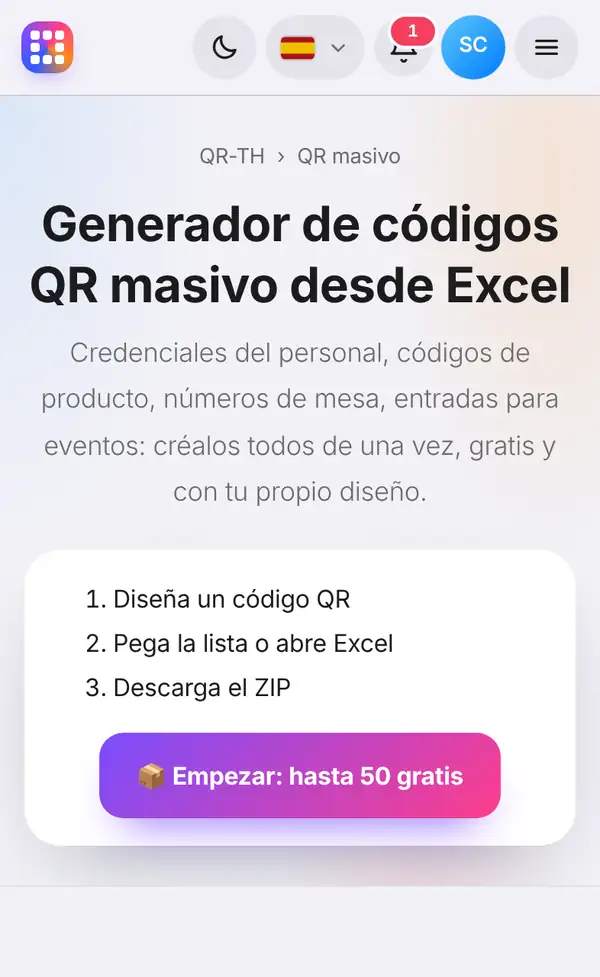 Página del generador de QR masivo con sus tres pasos (diseñar un QR, pegar una lista o abrir Excel, descargar el ZIP) y el botón para empezar