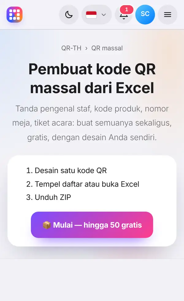 Halaman QR code massal dengan tiga langkah: desain satu QR, tempel daftar atau buka Excel, unduh ZIP, dan tombol mulai
