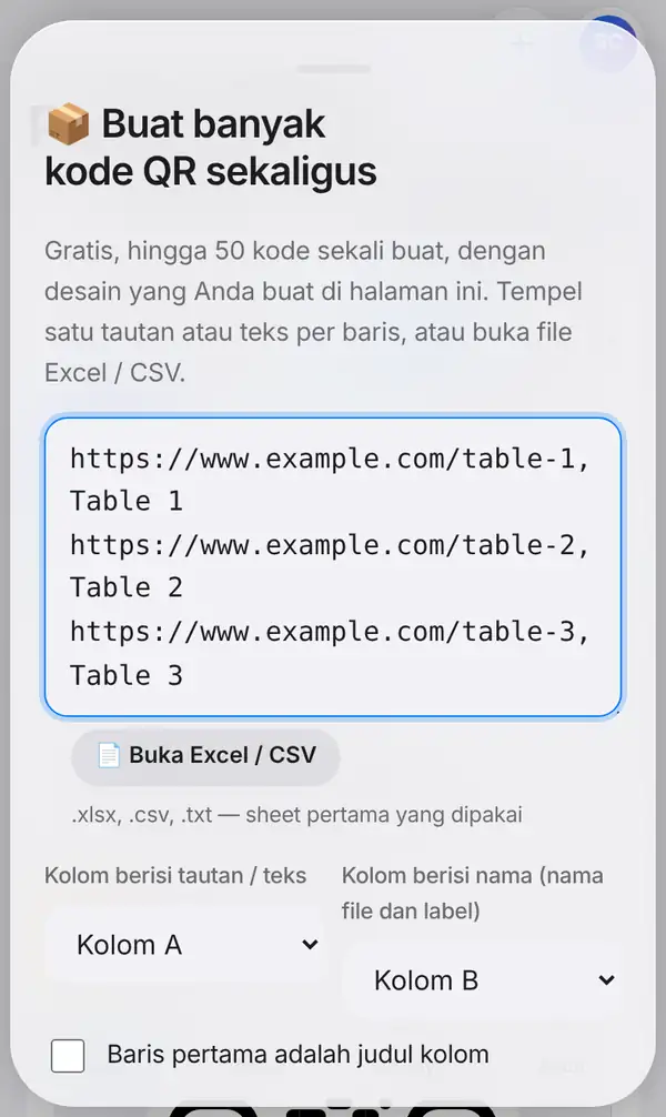 Panel Buat banyak kode QR sekaligus dengan tiga tautan meja, tombol Buka Excel / CSV, pilihan kolom tautan dan nama, serta opsi baris judul