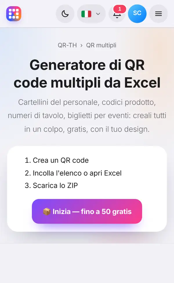 La pagina dei QR code multipli con i tre passaggi: crea un QR, incolla l'elenco o apri Excel, scarica lo ZIP, e il pulsante per iniziare