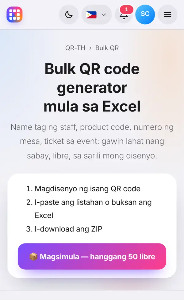 Ang bulk QR code page na may tatlong hakbang: mag-design ng isang QR, mag-paste ng listahan o magbukas ng Excel, i-download ang ZIP, at ang start button