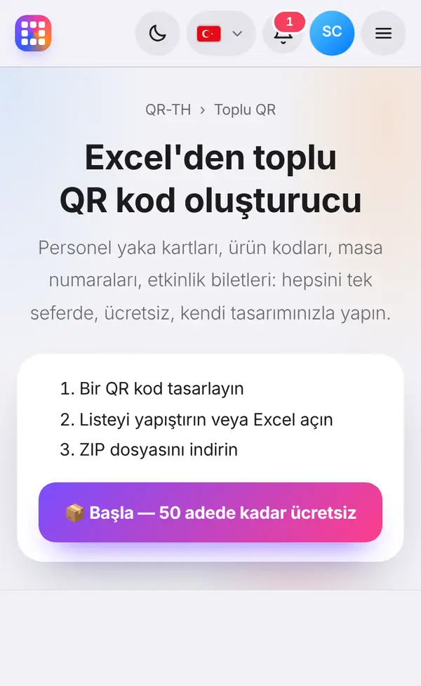 Üç adımı (bir QR tasarla, liste yapıştır veya Excel aç, ZIP indir) ve başlat düğmesini gösteren toplu QR kod sayfası