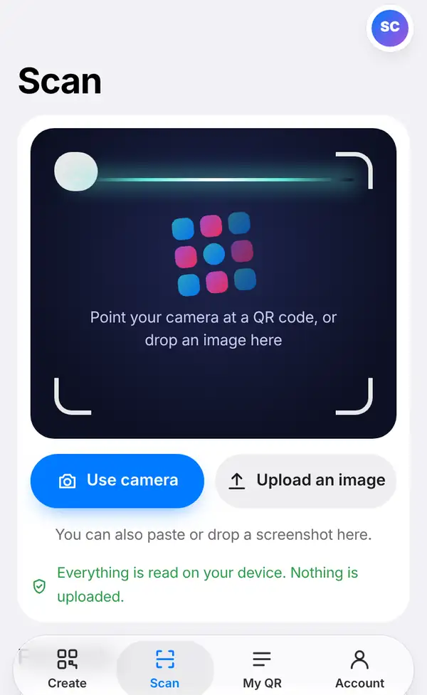 The Scan page with a camera window and the Use camera and Upload an image buttons, and a note that everything is read on your device