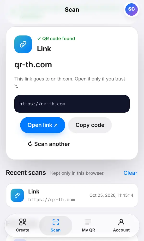 The scan result showing QR code found, the kind Link, the website name and full address, a safety note, the Open link and Copy code buttons, and Recent scans