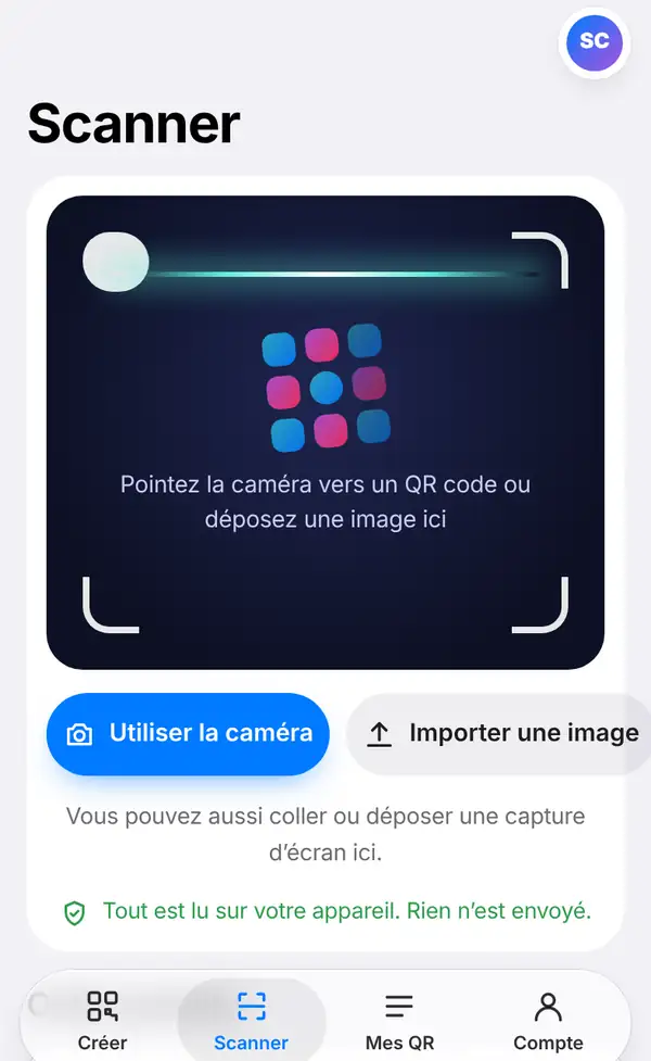 La page Scanner avec la fenêtre de la caméra, les boutons Utiliser la caméra et Importer une image, et une note indiquant que tout est lu sur votre appareil