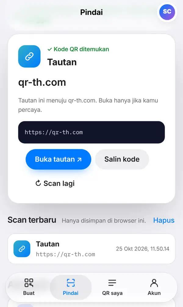 Hasil pindaian bertipe Tautan dengan alamat lengkap, catatan keamanan, tombol Buka tautan dan Salin kode, serta daftar scan terbaru