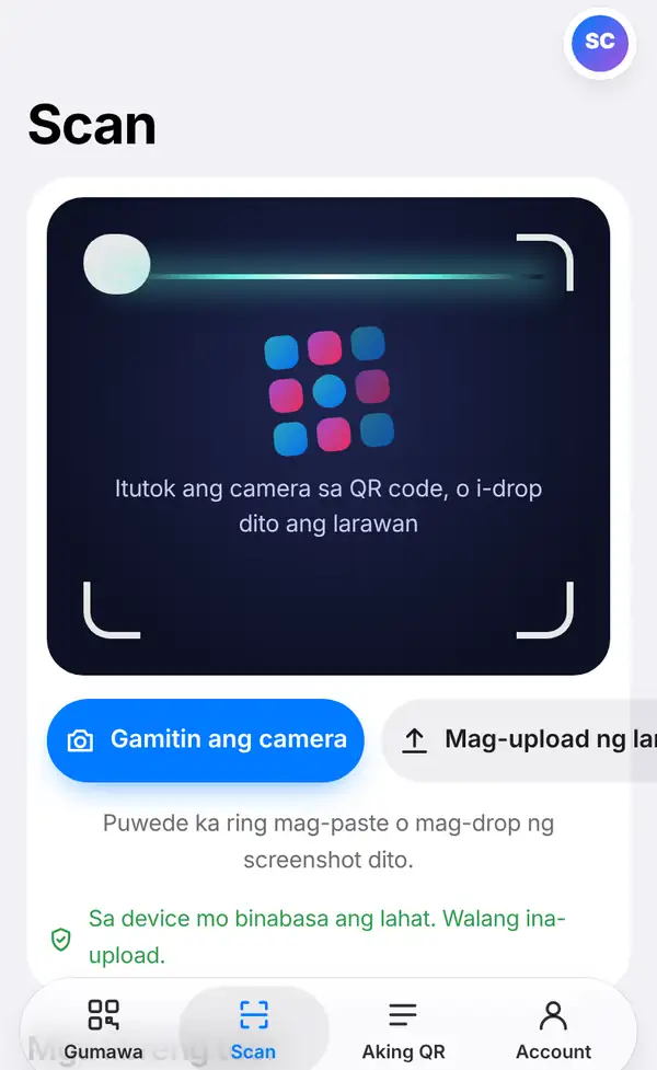 Ang QR scanner page na may Gamitin ang camera at Mag-upload ng larawan na button