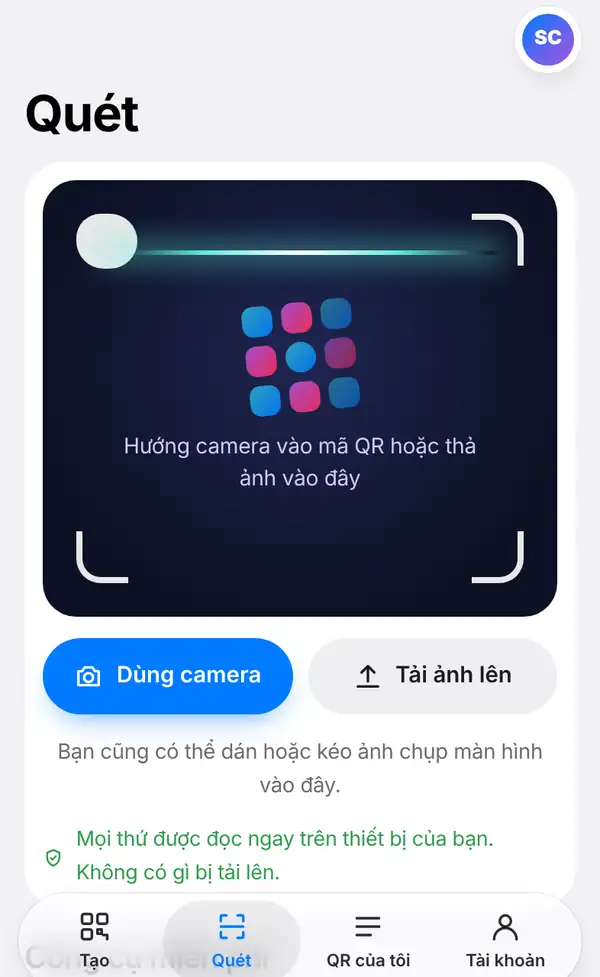 Trang Quét với khung camera, nút Dùng camera và Tải ảnh lên, kèm ghi chú mọi thứ được đọc ngay trên thiết bị