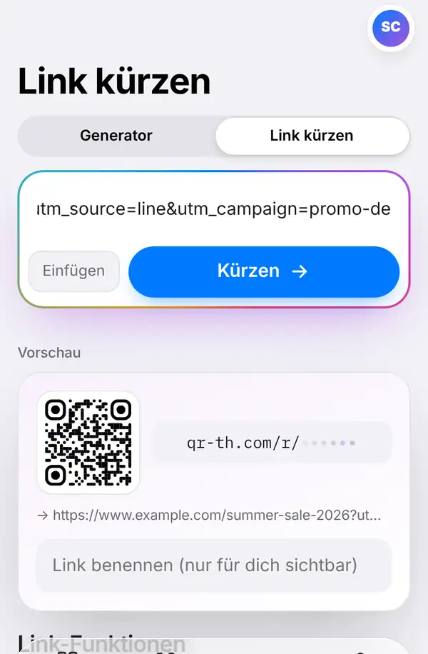 Der Bildschirm Link kürzen mit eingefügtem langen Link, den Knöpfen Einfügen und Kürzen und einer Vorschau mit Feld für den Namen