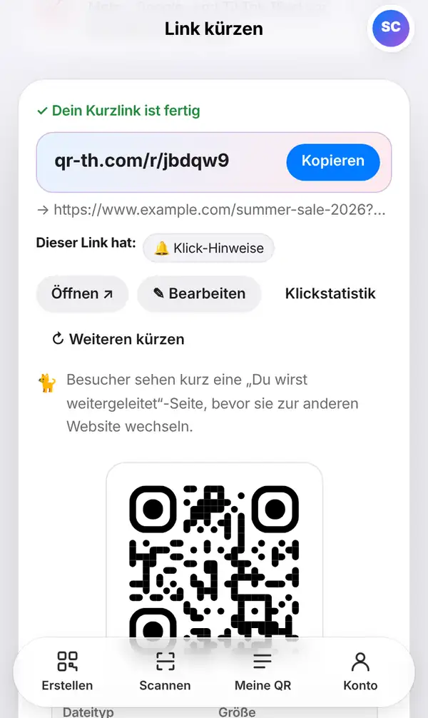 Das Ergebnis mit Dein Kurzlink ist fertig, den Knöpfen Kopieren, Öffnen, Bearbeiten und Klickstatistik und dem QR-Code darunter